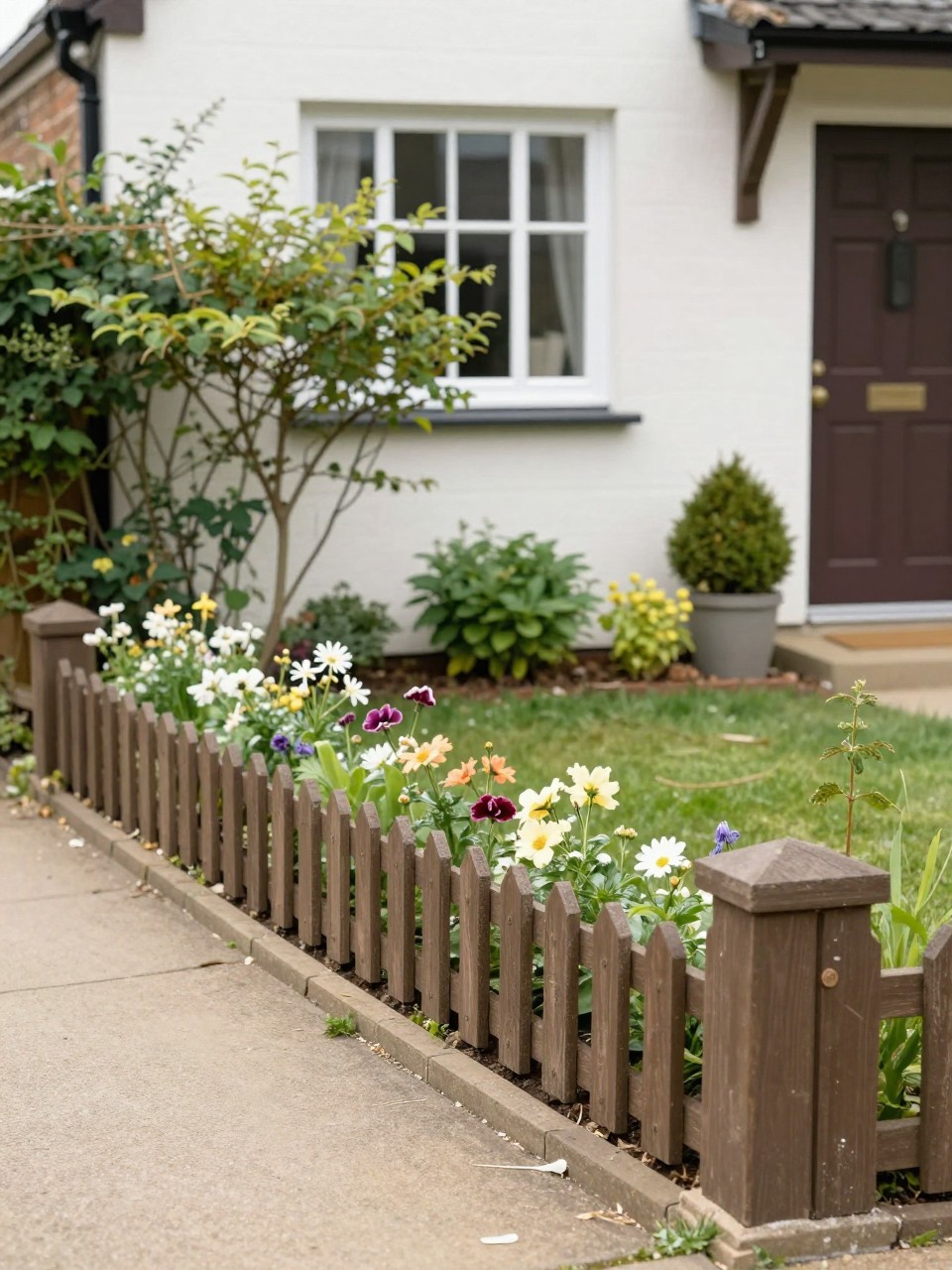 Image Prompt: A tiny front garden with a low front fence and a narrow flower bed along it, soft blooms, climbing plants, small shrubs, charming cottage curb appeal, neat path to the door, realistic DSLR photo quality, no people, no watermarks on images.