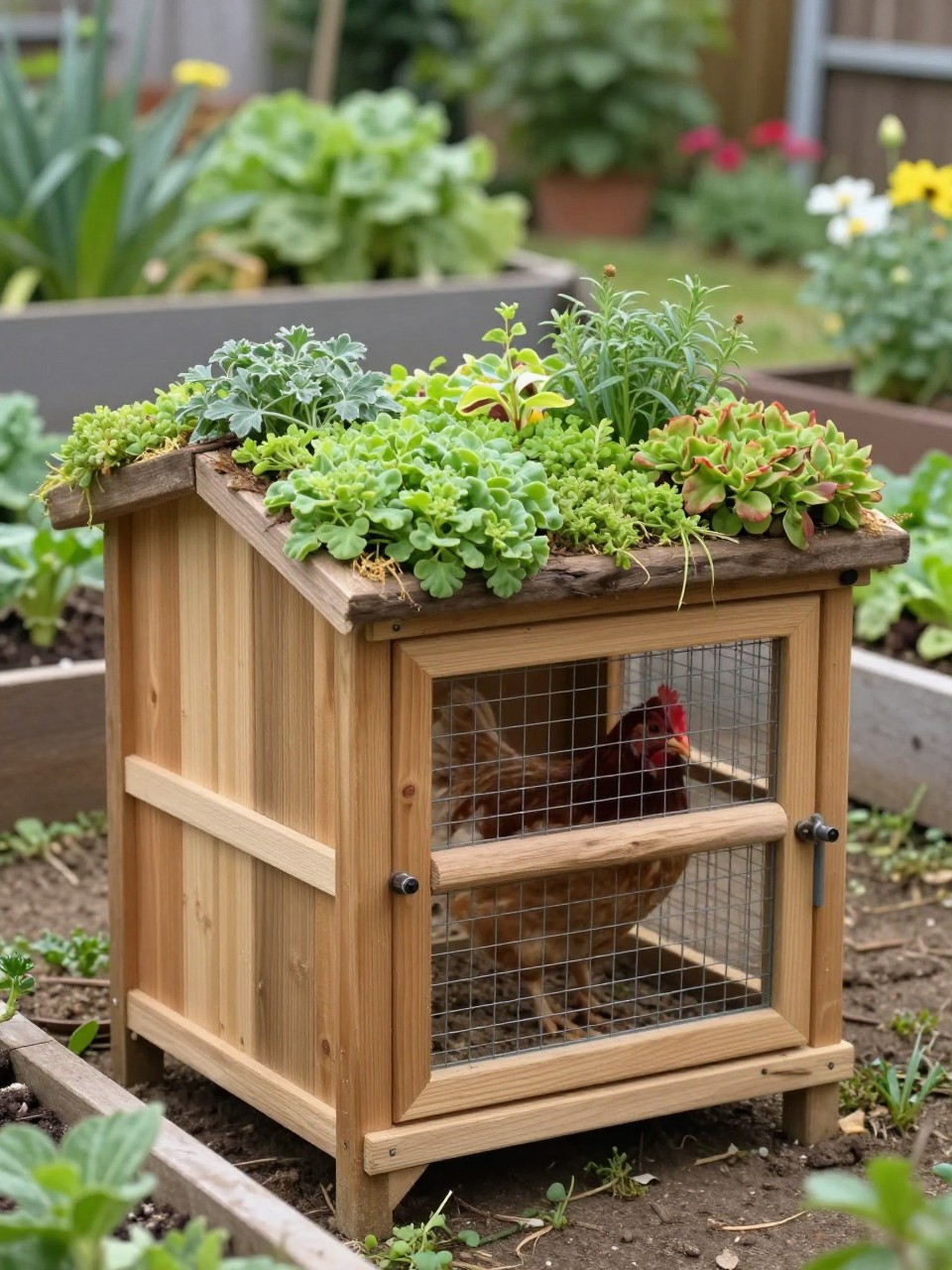 Image Prompt: A small DIY chicken coop with a living green roof, low-growing sedum and herbs planted on top, natural wood siding, secure wire run, chickens inside, surrounded by raised vegetable beds and flowers, cozy eco-friendly backyard garden, soft natural light, realistic homestead design, no people, no text, no watermark.