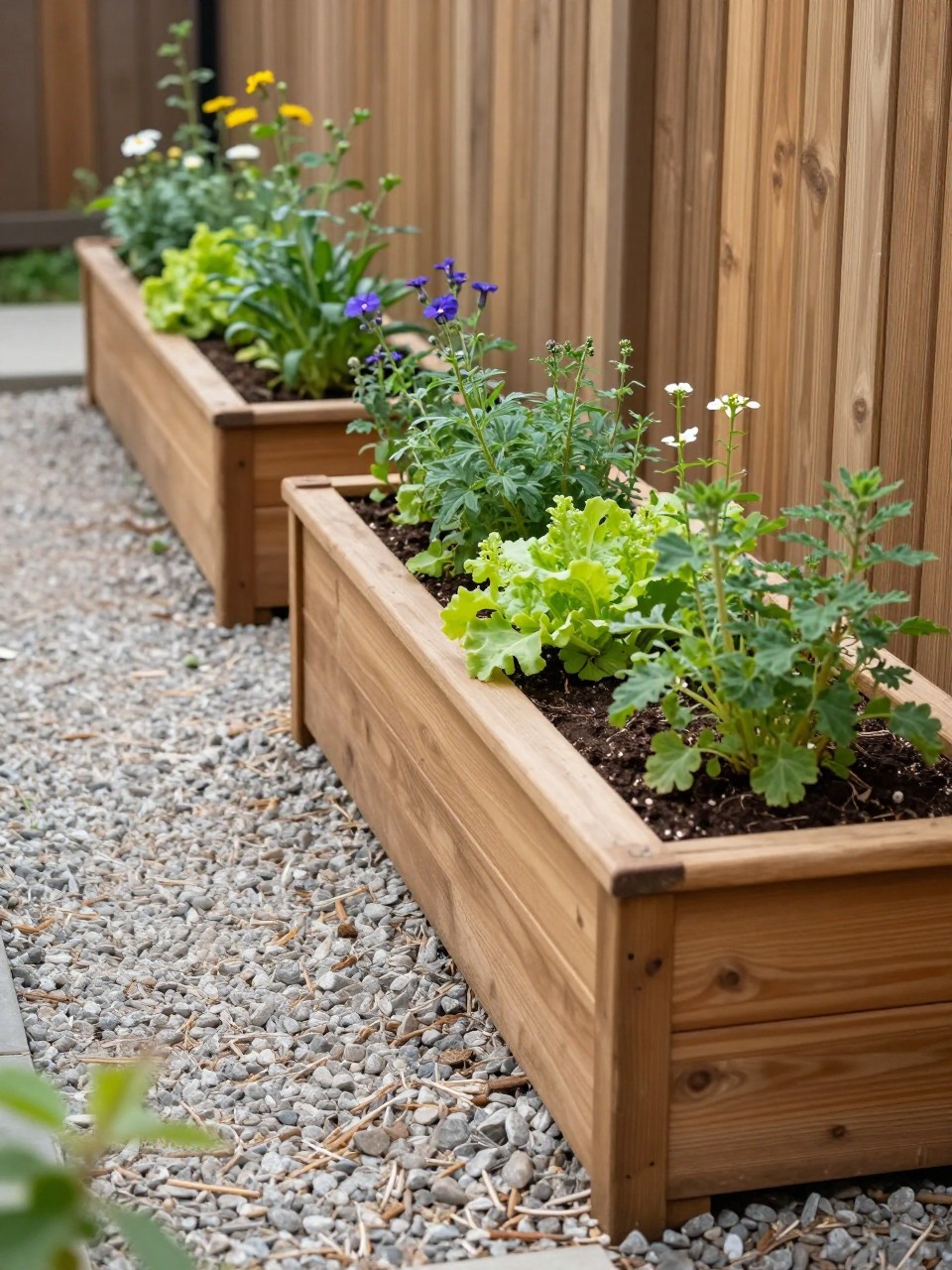 Image Prompt: A narrow side yard pathway with raised wooden planter beds on one side, gravel walkway, herbs, flowers, and leafy greens growing neatly, warm wood tones, practical and stylish home garden design, realistic DSLR photo quality, no people, no watermarks on images.