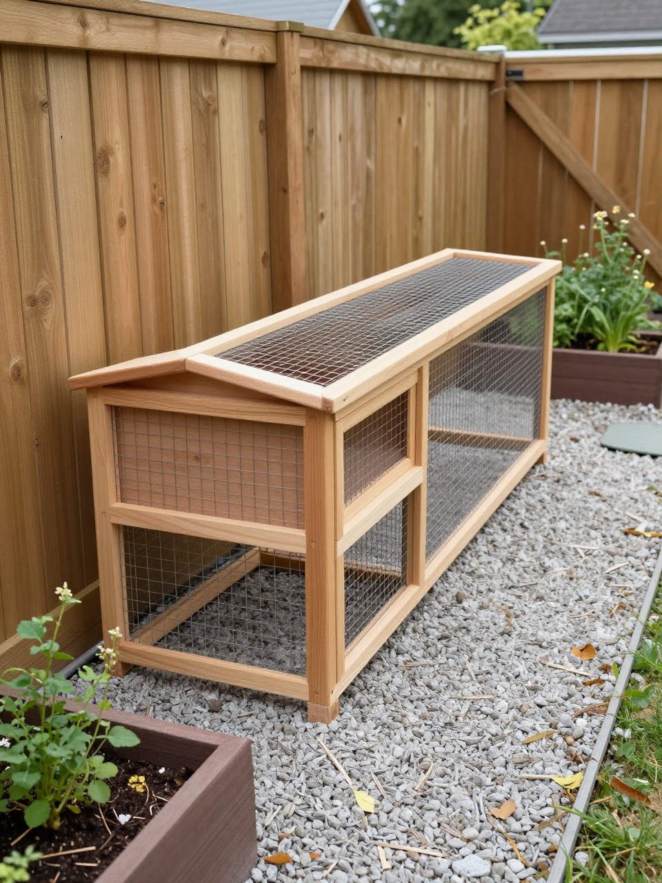 Image Prompt: A narrow DIY chicken coop built neatly along a wooden backyard fence, slim rectangular design with a small enclosed hen house at one end and a long secure wire run along the fence line, natural wood finish, clean gravel path beside it, herbs and raised garden beds nearby, compact backyard layout, realistic and practical, no people, no text, no watermark.