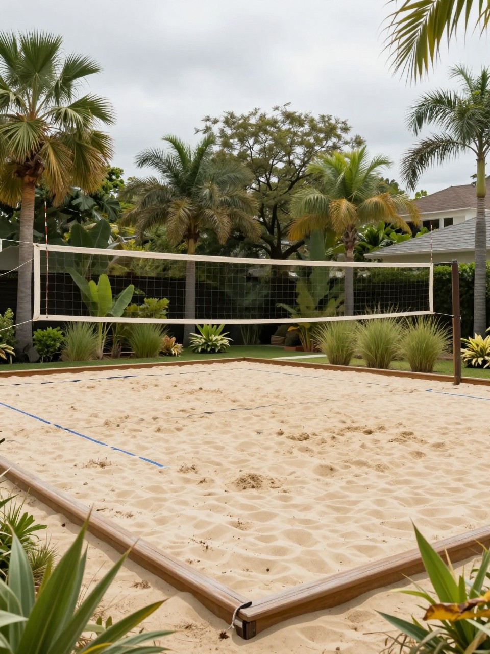 Image Prompt: A beautiful backyard sand volleyball court, soft sand surface, simple net, wooden border edging, tropical plants and grasses around the court, relaxed resort-style family backyard design, realistic DSLR photo quality, no people, no watermarks on images.
