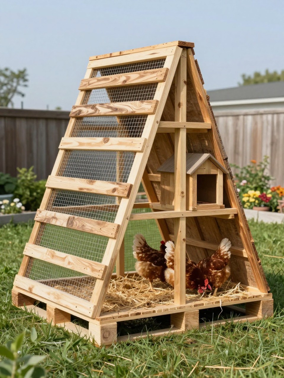 Image Prompt: A rustic A-frame chicken coop built with reclaimed pallet boards, triangle wooden frame, wire mesh sides, small enclosed sleeping box at one end, chicken ramp, fresh straw, chickens pecking inside, green backyard lawn, small flower border nearby, bright clear daylight, easy DIY backyard coop design, no people, no text, no watermark.