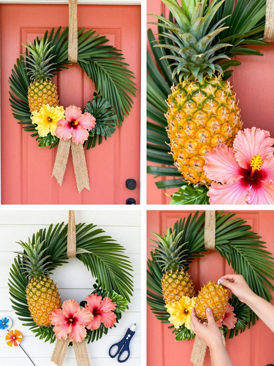 A realistic editorial 2x2 collage grid showing a pineapple and hibiscus summer wreath, top-left finished wreath on a bright coral door with faux pineapples, hibiscus flowers, palm leaves, and raffia ribbon, top-right close-up of pineapple texture and hibiscus petals, bottom-left flat lay of wreath base, small faux pineapples, hibiscus flowers, palm leaves, raffia, floral wire, scissors, and glue gun, bottom-right cropped hands attaching a pineapple accent to the wreath, tropical summer entryway styling, no faces, no text, no watermark on images.