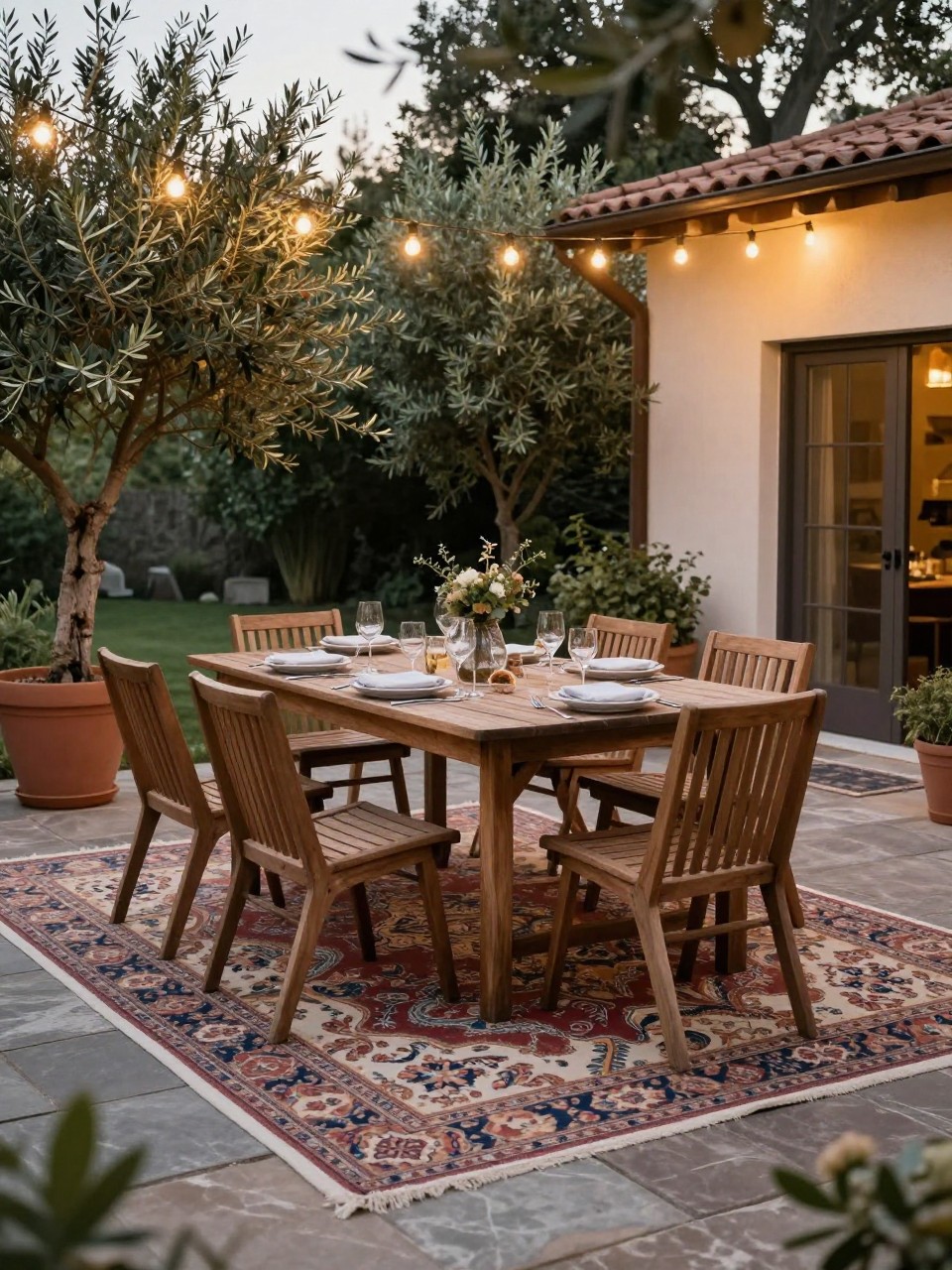 Image Prompt: A beautiful outdoor dining patio with a large patterned outdoor rug under a wooden dining table and six chairs, simple table setting, potted olive trees, warm string lights overhead, stone patio floor, cozy backyard dinner setup, no people, realistic DSLR photo, no text, no watermarks on images.