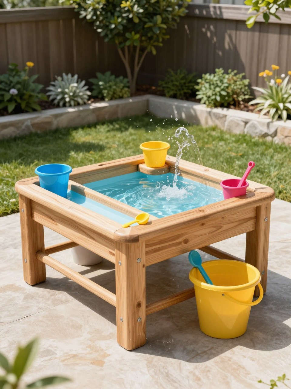 Image Prompt: A creative backyard water play station for kids with wooden water table, small channels, buckets, scoops, shallow splash area, sunny garden corner, safe and fun outdoor play design, realistic DSLR photo quality, no people, no watermarks on images.