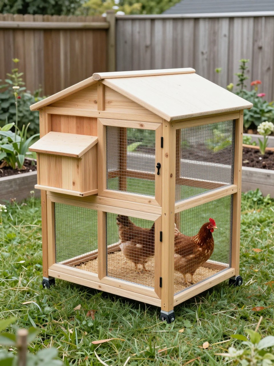 A realistic moveable chicken coop with a built-in side nesting box, natural wood frame, sloped roof, wire mesh run, two wheels, front handle, small chicken ramp, straw bedding visible inside, hens walking on grass, tidy backyard garden with raised beds and a wooden fence nearby, smart practical DIY coop design, no people, no text, (no watermarks on images).
