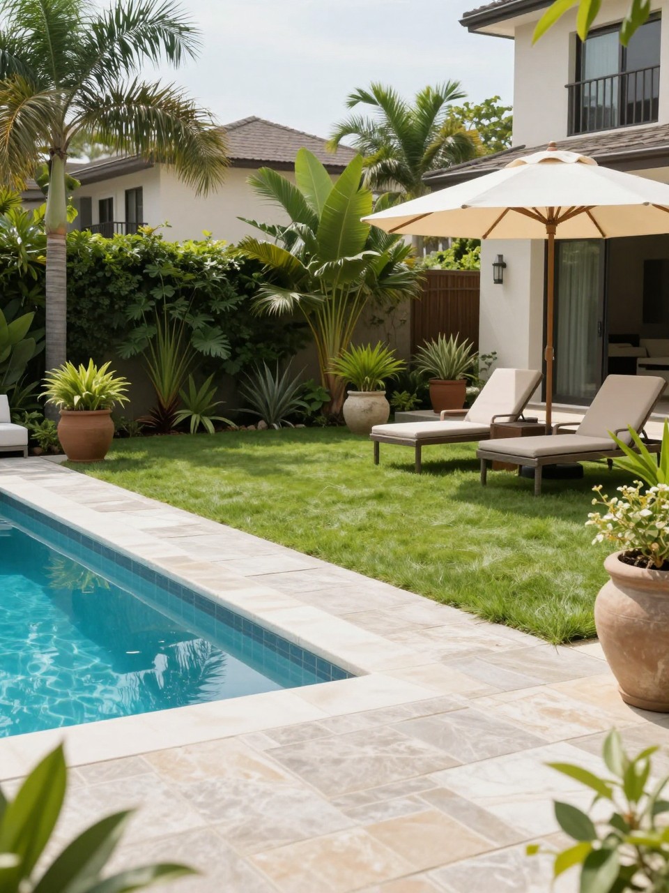 Image Prompt: A beautiful no grass backyard with a small pool, stone paver surround, lounge chairs, large planters, tropical greenery, outdoor umbrella, clean resort-inspired home backyard design, realistic DSLR photo quality, no people, no watermarks on images.