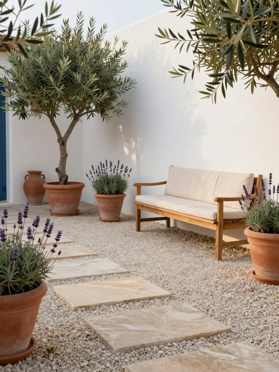Image Prompt: A calm Mediterranean patio with light gravel flooring, large stone stepping pavers, potted olive trees, lavender plants, wooden bench with cream linen cushion, clay urns, white wall backdrop, soft golden light, peaceful outdoor retreat, no people, realistic DSLR photo, no text, no watermarks on images.