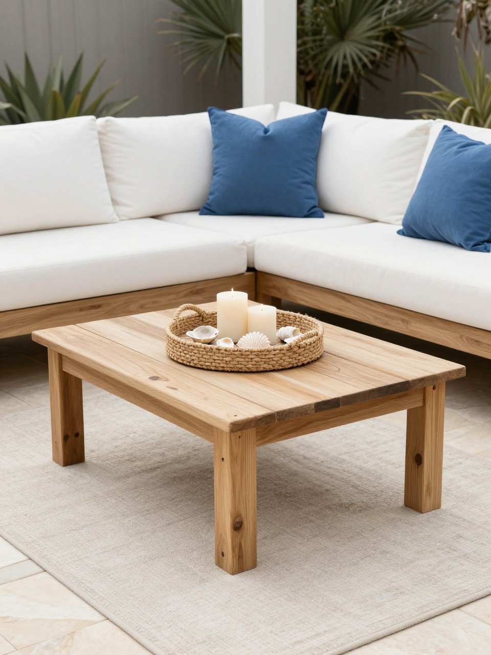 Image Prompt: A stylish coastal patio with a driftwood-tone outdoor coffee table, white cushioned sectional, blue accent pillows, woven tray with candles and shells, pale stone pavers, soft neutral rug, airy backyard setting, no people, realistic DSLR photo, no text, (no watermarks on images)
