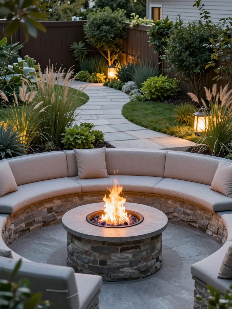 Image Prompt: A stylish two level garden with a lower fire pit seating area, circular stone patio, built-in benches, upper garden path with soft planting, ornamental grasses, shrubs, warm evening light, premium cozy backyard design, realistic DSLR photo quality, no people, no watermarks on images.