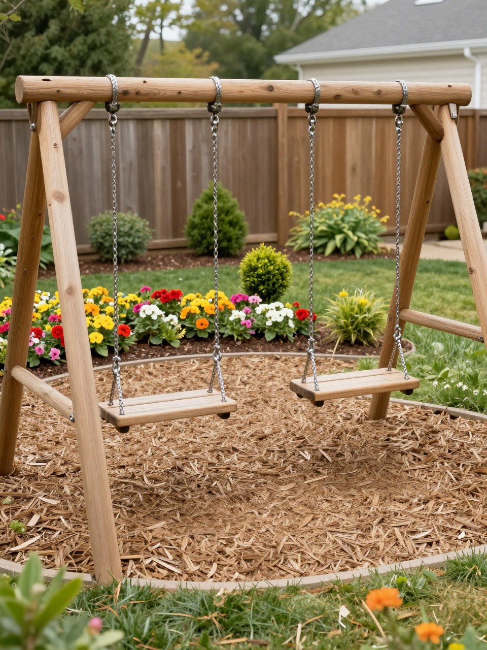 Image Prompt: A charming backyard kids’ swing area with two simple wooden swings, soft mulch below, colorful flower border nearby, small shrubs, family-friendly garden design, neat and cheerful outdoor play corner, realistic DSLR photo quality, no people, no watermarks on images.