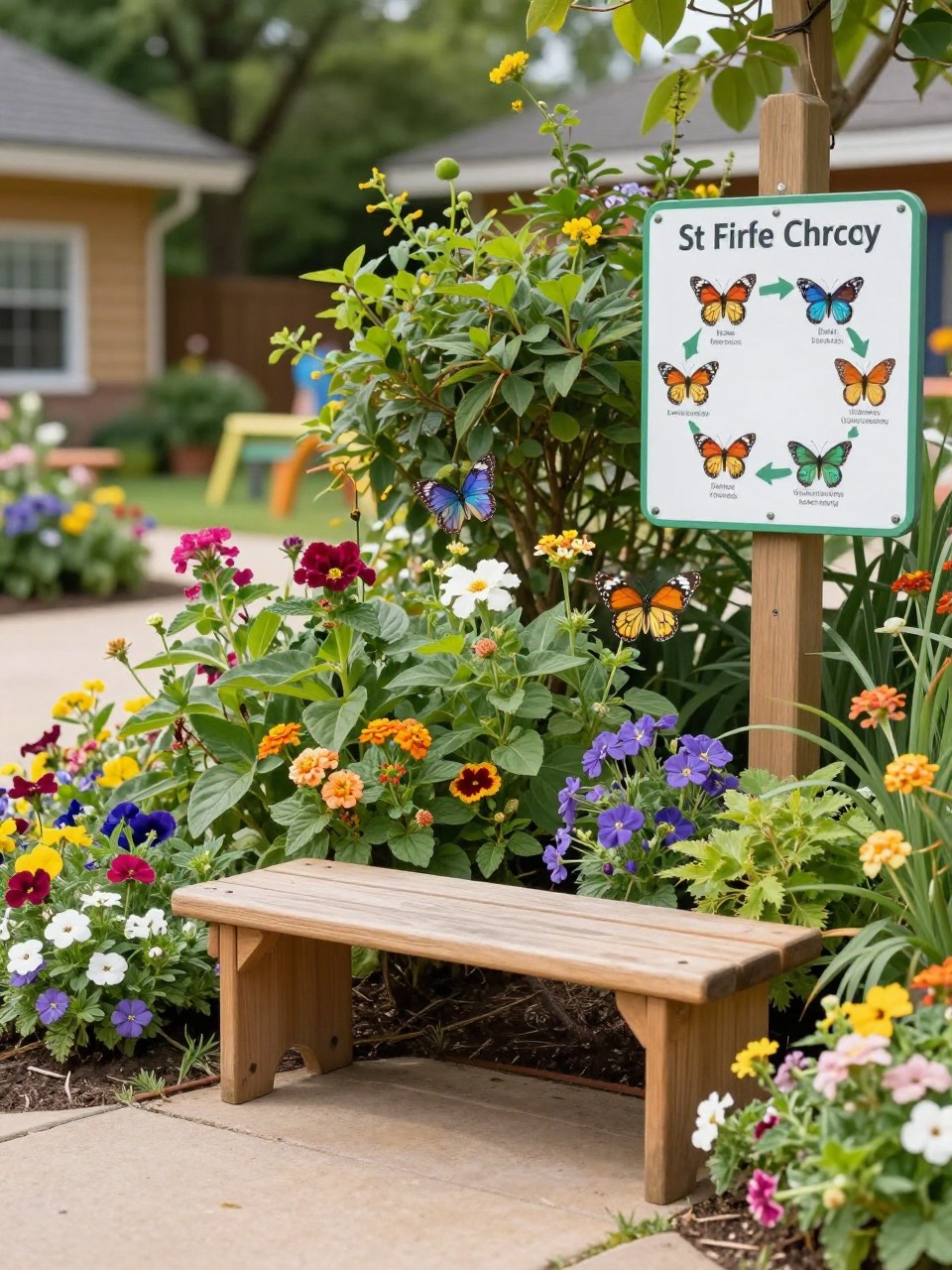 Image Prompt: A lovely school garden butterfly corner with nectar-rich flowers, a small wooden bench, butterfly life cycle signs, colorful blooms, peaceful child-friendly design, educational and inviting outdoor setting, realistic DSLR photo quality, no watermarks on images.