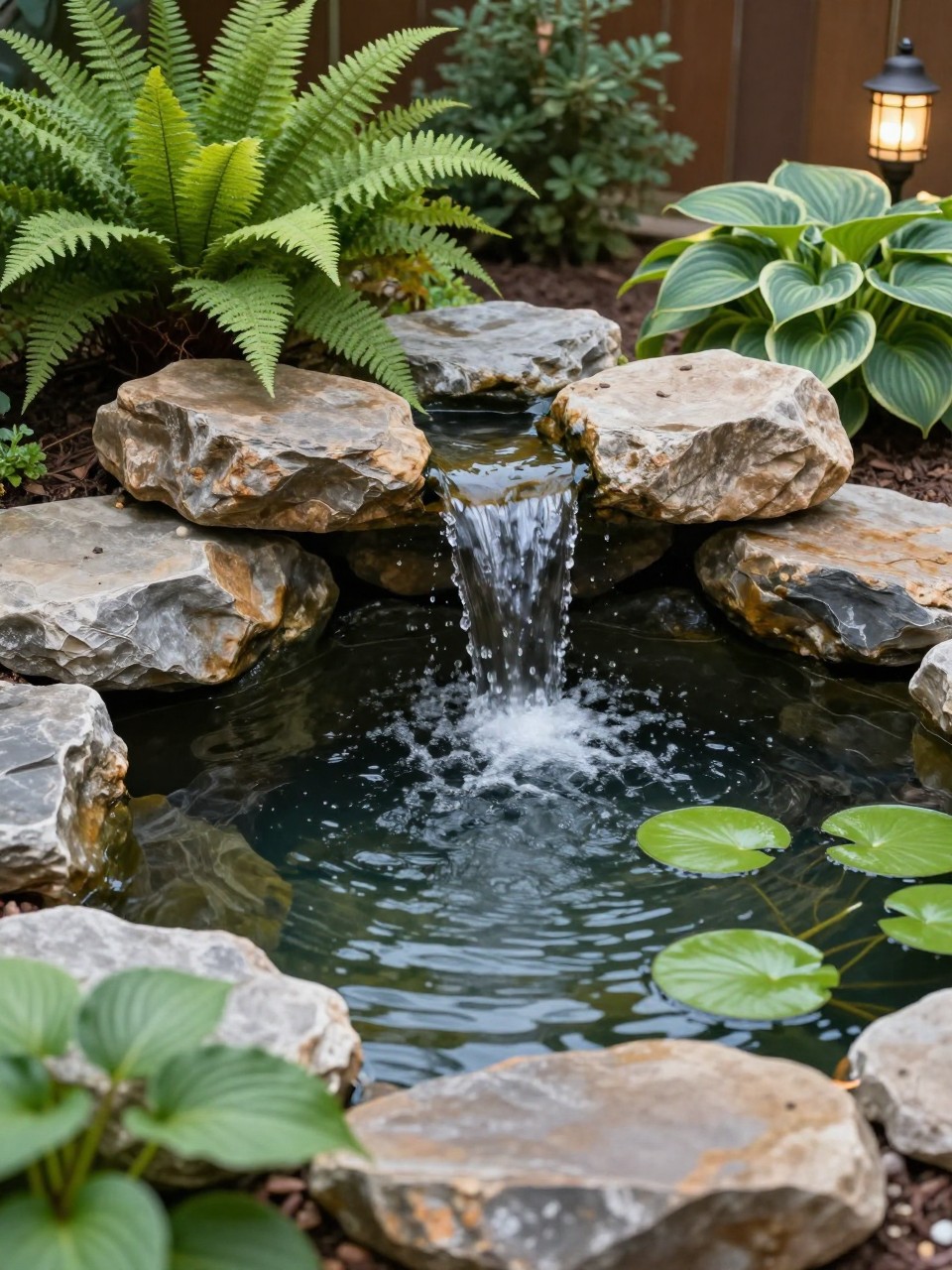 Image Prompt: A beautiful DIY backyard pond with a small homemade waterfall, stacked natural rocks, water flowing gently into the pond, ferns, hostas, water plants, soft garden lighting, peaceful backyard setting, realistic DSLR photo quality, no people, no watermarks on images.