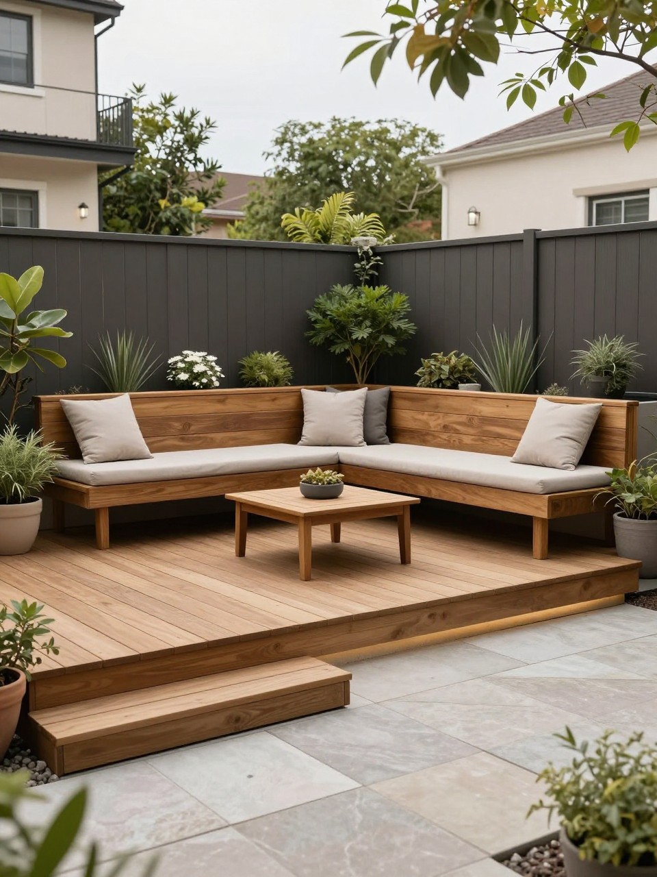 Image Prompt: A stylish backyard with a low wooden deck connected to a stone patio, built-in wood bench seating along the deck edge, neutral cushions, small patio coffee table, potted plants, privacy fence, warm modern outdoor setting, no people, realistic DSLR photo, no text, no watermarks on images.
