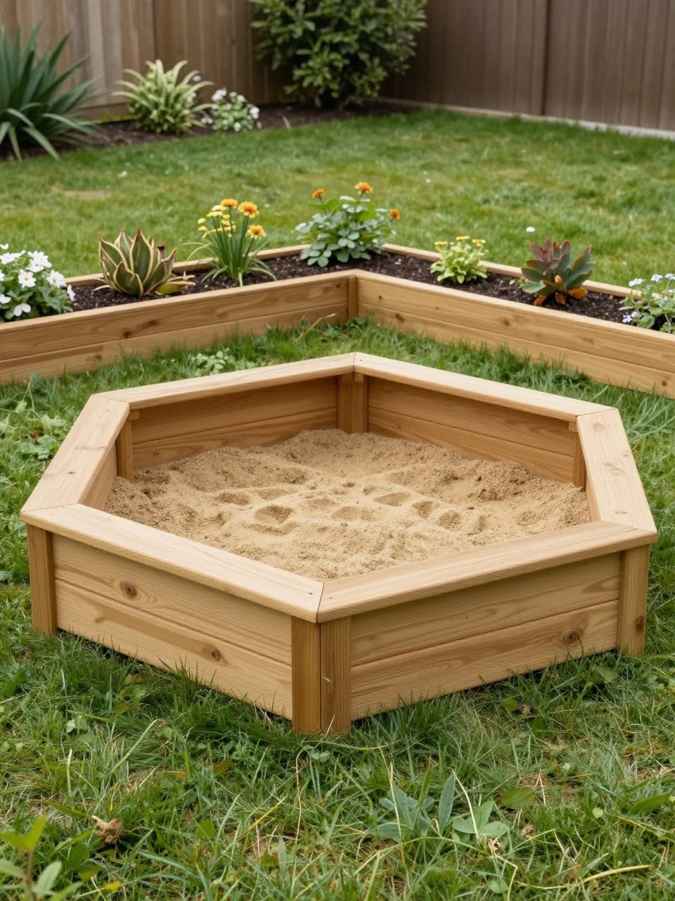 Image Prompt: A family garden corner with a neat timber sleeper sandpit, soft lawn around it, small raised flower bed nearby, simple child-friendly garden layout, warm wood tones, clean and stylish outdoor play area, realistic DSLR photo quality, no people, no watermarks on images.