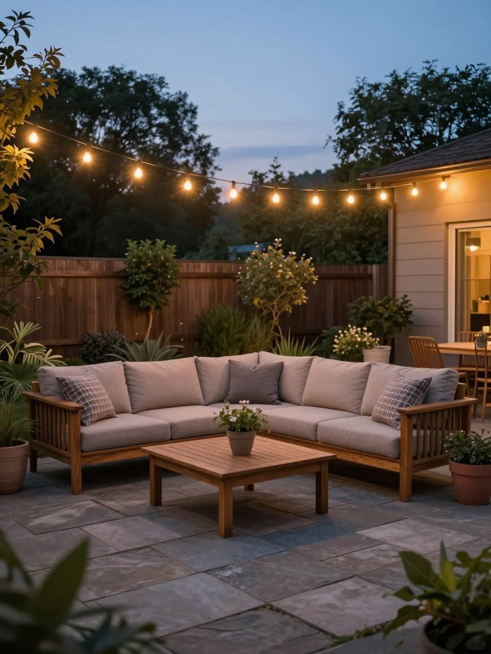 Image Prompt: A cozy backyard flagstone patio at dusk with warm string lights hanging overhead, outdoor sectional sofa, wooden coffee table, potted plants, natural stone floor, soft glowing evening atmosphere, relaxed garden lounge design, no people, realistic DSLR photo, no text, no watermarks on images.