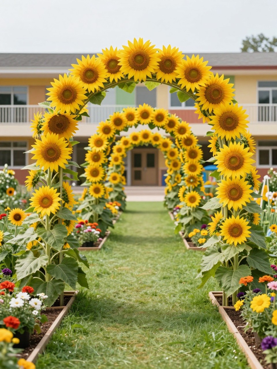 Image Prompt: A beautiful school garden with a sunflower tunnel or archway, tall blooming sunflowers forming a playful pathway, bright cheerful schoolyard setting, child-friendly garden design, green grass and colorful flowers, realistic DSLR photo quality, no watermarks on images.