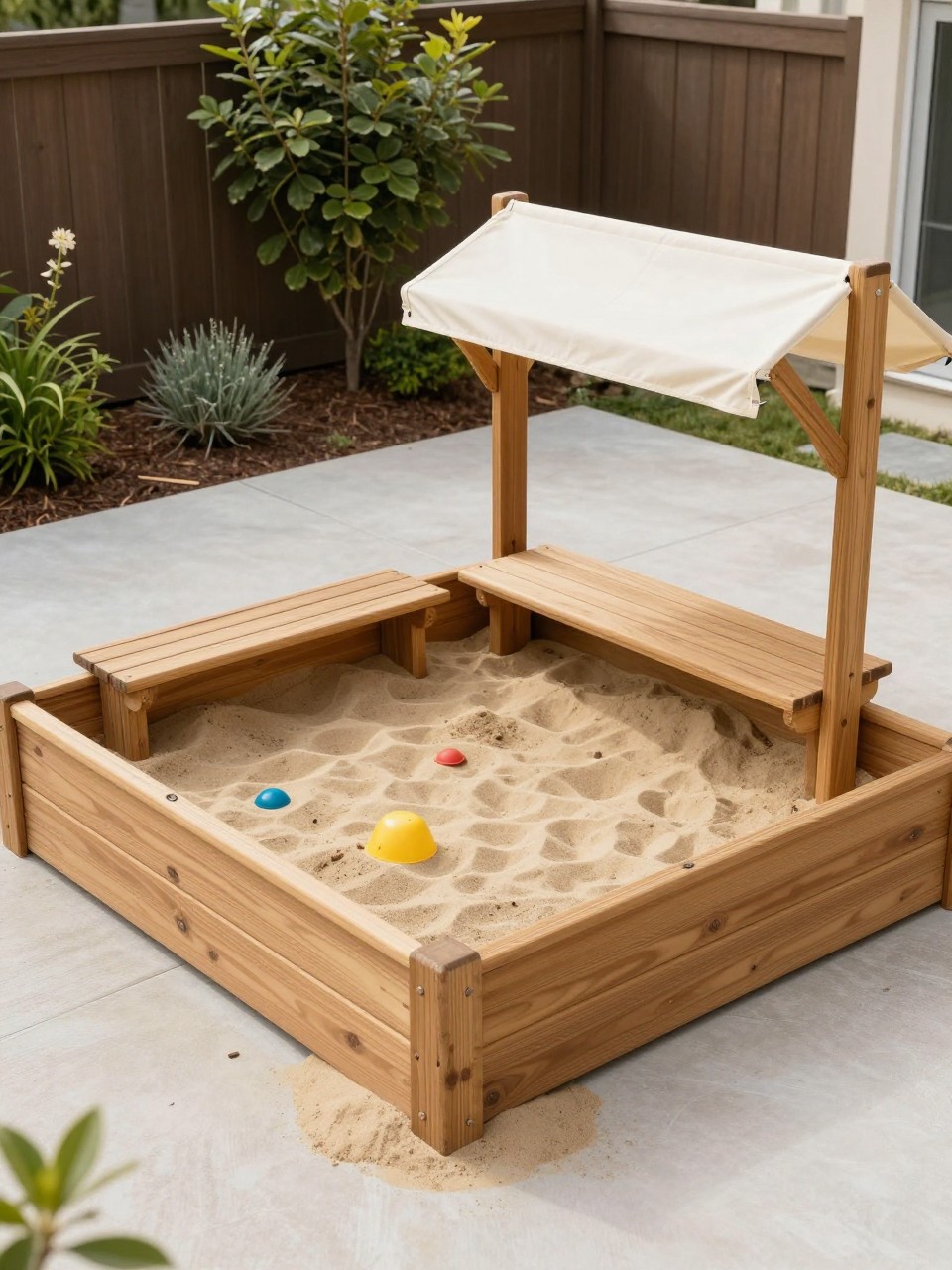 Image Prompt: A neat backyard sandbox for kids with a wooden frame, built-in bench seating, soft play sand, small shade canopy, garden border nearby, clean family backyard design, realistic DSLR photo quality, no people, no watermarks on images.