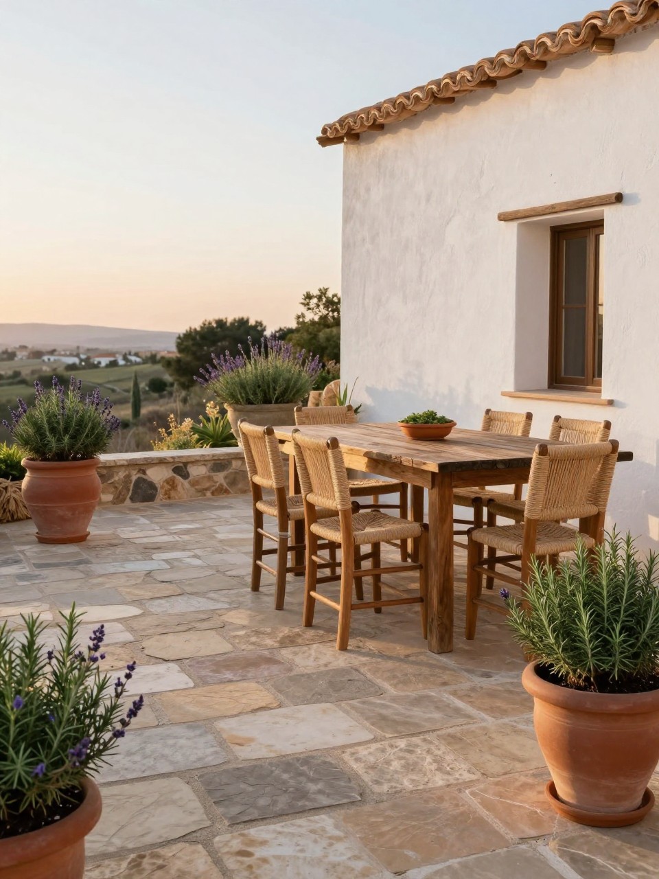 Image Prompt: A stylish Mediterranean stone patio with natural irregular stone flooring, rustic wooden dining table, simple woven chairs, clay urn planters, potted rosemary and lavender, whitewashed wall, warm sunset light, relaxed countryside villa feeling, no people, realistic DSLR photo, no text, no watermarks on images.