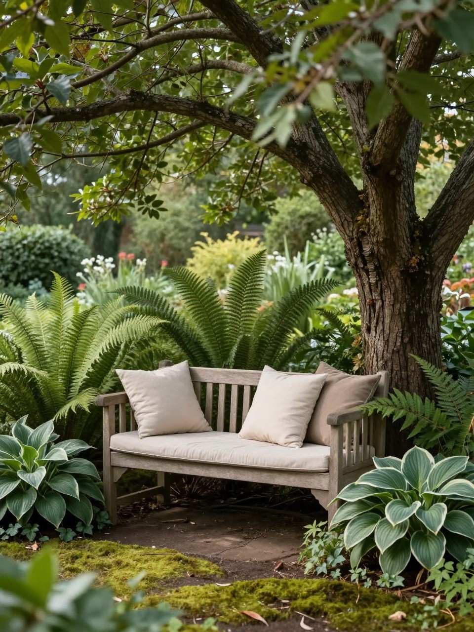 Image Prompt: A cozy shady garden seating nook under a mature tree, small wooden bench, soft cushions in neutral tones, surrounding ferns, hostas, ivy, mossy ground, peaceful afternoon light, elegant and inviting outdoor retreat, realistic DSLR photo quality, no people, no watermarks on images.