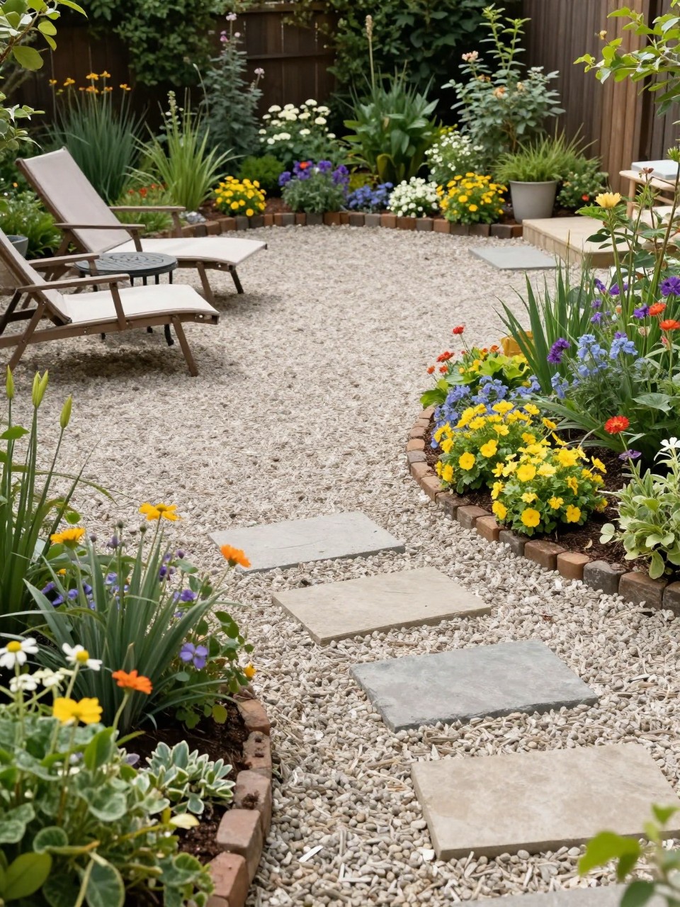 Image Prompt: A backyard pea gravel patio connected to a matching gravel garden path, two lounge chairs, small table, layered flower beds, stepping stones, soft natural sunlight, peaceful garden retreat design, no people, realistic DSLR garden photo, no text, no watermarks on images.