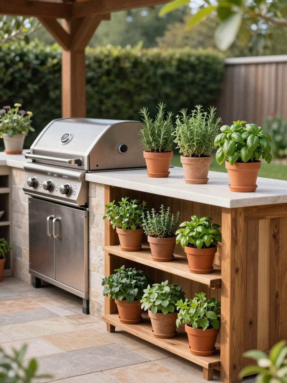 Image Prompt: A beautiful patio outdoor kitchen with built-in grill and countertop, herb garden pots of rosemary, basil, thyme, oregano, and parsley arranged along the counter and nearby shelves, stone patio floor, warm wood accents, fresh cooking garden atmosphere, realistic DSLR photo, no people, no text, no watermarks on images.