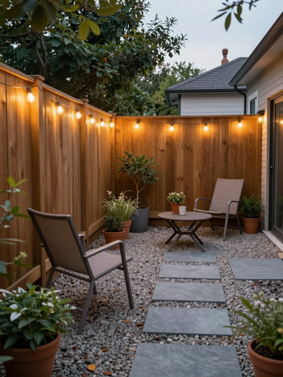 Image Prompt: A stylish backyard patio with warm string lights running along the fence line, wooden privacy fence, outdoor chairs, potted plants, gravel and stone flooring, cozy compact backyard design, realistic DSLR photo quality, no people, no watermarks on images.