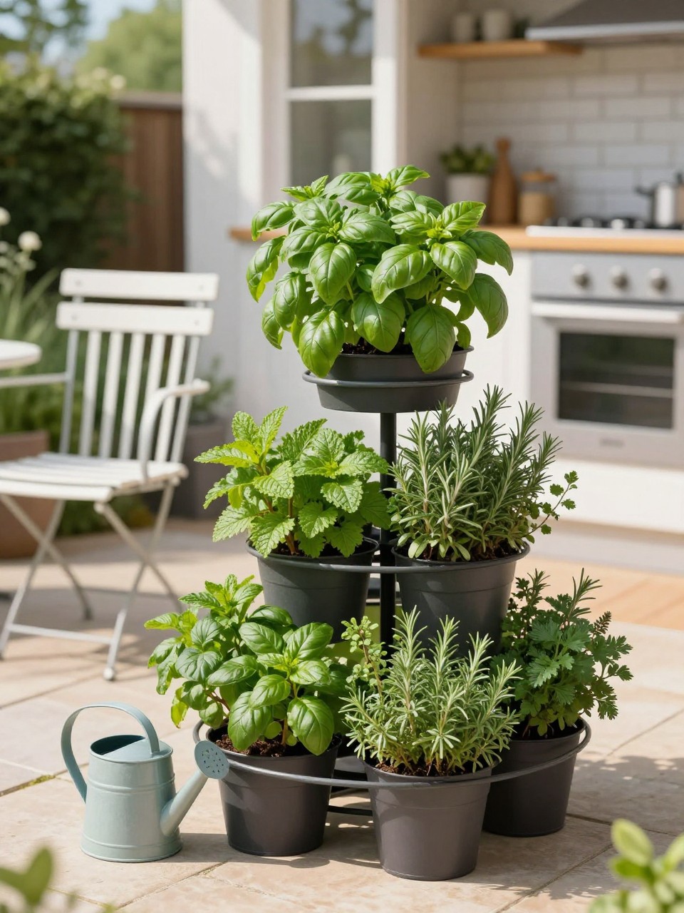 Image Prompt: A small townhouse patio with a tiered herb garden stand holding basil, mint, rosemary, thyme, parsley, and chives, compact bistro chair nearby, small watering can, light stone floor, sunny kitchen garden feel, no people, realistic DSLR image, no text, no watermarks on images.