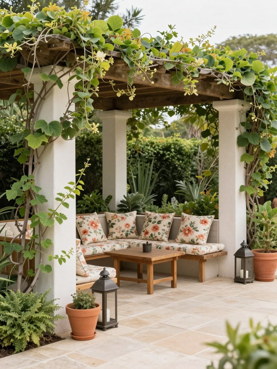 Image Prompt: A lovely covered patio with climbing plants around the posts, floral cushions, small wooden table, lanterns, terracotta pots, leafy garden border, light stone pavers, soft natural light, peaceful garden-style outdoor retreat, no people, realistic DSLR photo, no text, (no watermarks on images)