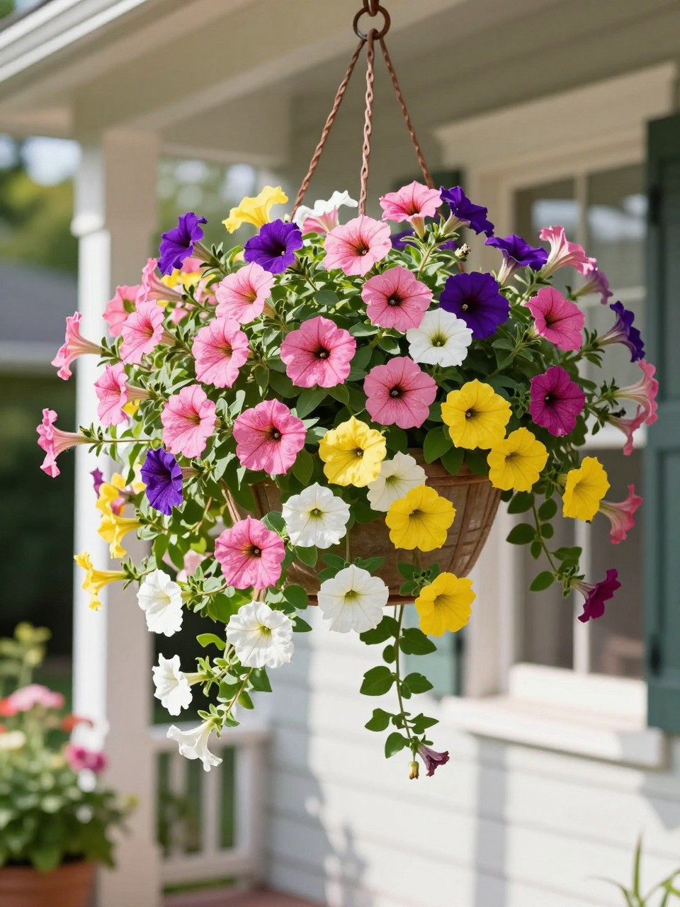 Image Prompt: A full sun hanging planter overflowing with colorful petunias and calibrachoa in pink, purple, yellow, and white, trailing blooms, sunny porch setting, fresh and cheerful garden styling, realistic DSLR photo quality, no people, no watermarks on images.