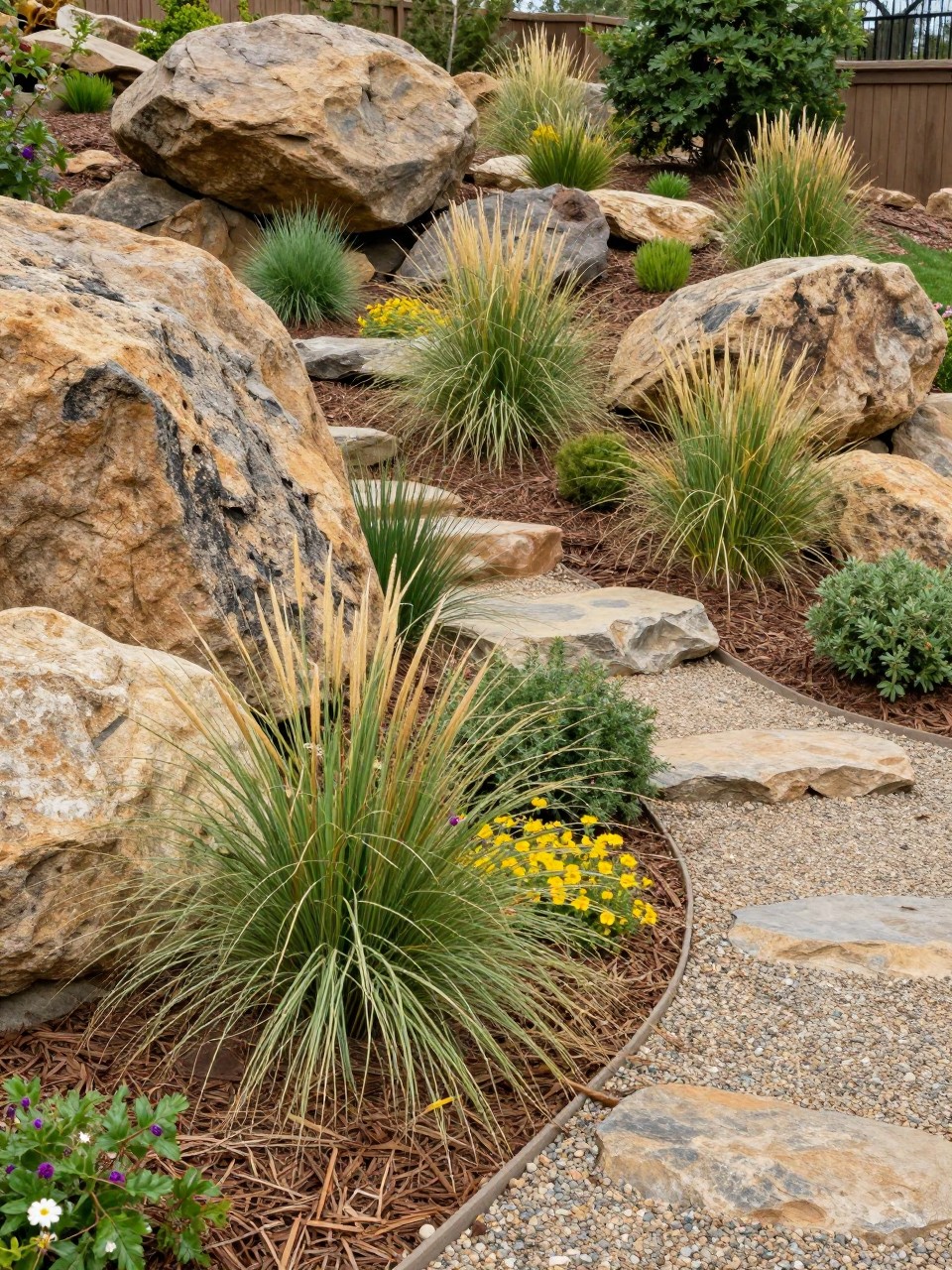 Image Prompt: A natural slanted backyard landscaped with large boulders, ornamental grasses, low shrubs, mulch, gravel paths, wildflowers, rustic hillside garden design, warm natural textures, realistic DSLR photo quality, no people, no watermarks on images.