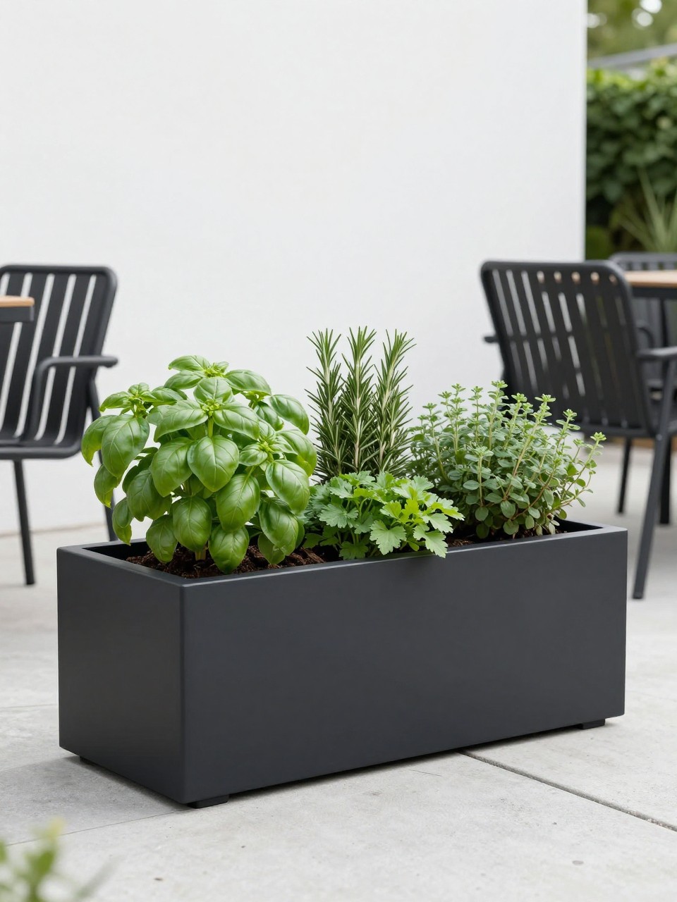 Image Prompt: A modern patio herb garden with sleek black rectangular planters filled with basil, rosemary, chives, parsley, and thyme, clean concrete patio floor, black metal outdoor furniture, simple white wall, minimal greenery, bright natural daylight, stylish contemporary home garden design, realistic DSLR image, no people, no text, no watermarks on images.
