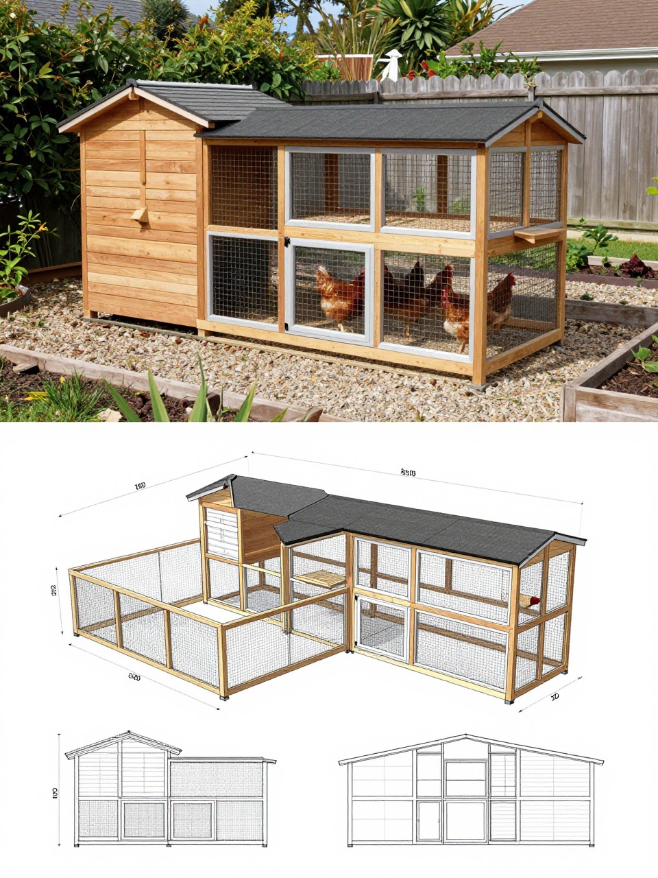 Image Prompt: A vertical 2-collage image. The top half shows a realistic large L-shaped chicken coop in a backyard corner, wood hen house along one side, tall wire run wrapping around the corner, full-height door, sloped roof, side nesting boxes, chickens inside, gravel path and raised beds around it. The bottom half shows the matching L-shaped coop plan with top-down layout, corner placement, run measurements, coop room placement, door locations, nesting box area, roosting section, and simple front and side views in blueprint style. The finished coop and plan should clearly match. Space-smart, realistic, no people, no text, (no watermarks on images).