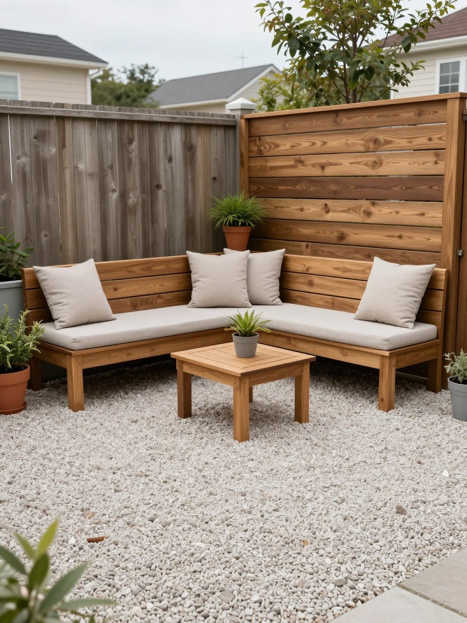 Image Prompt: A polished pea gravel patio with a built-in wooden bench along a fence, neutral outdoor cushions, small square coffee table, potted plants, clean gravel floor, wood privacy screen, cozy and practical backyard design, no people, realistic DSLR image, no text, no watermarks on images.