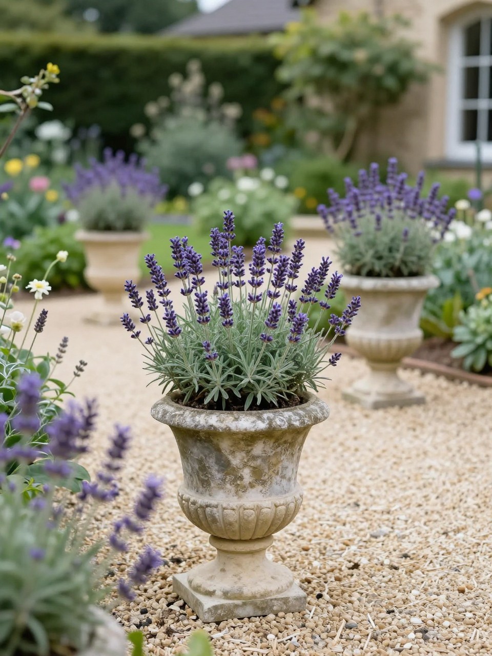 Image Prompt: A charming home garden with weathered stone pots filled with blooming lavender, soft gravel pathway, classic garden setting, muted tones, elegant and premium outdoor styling, relaxed European-inspired atmosphere, realistic DSLR photo quality, no people, no watermarks on images.