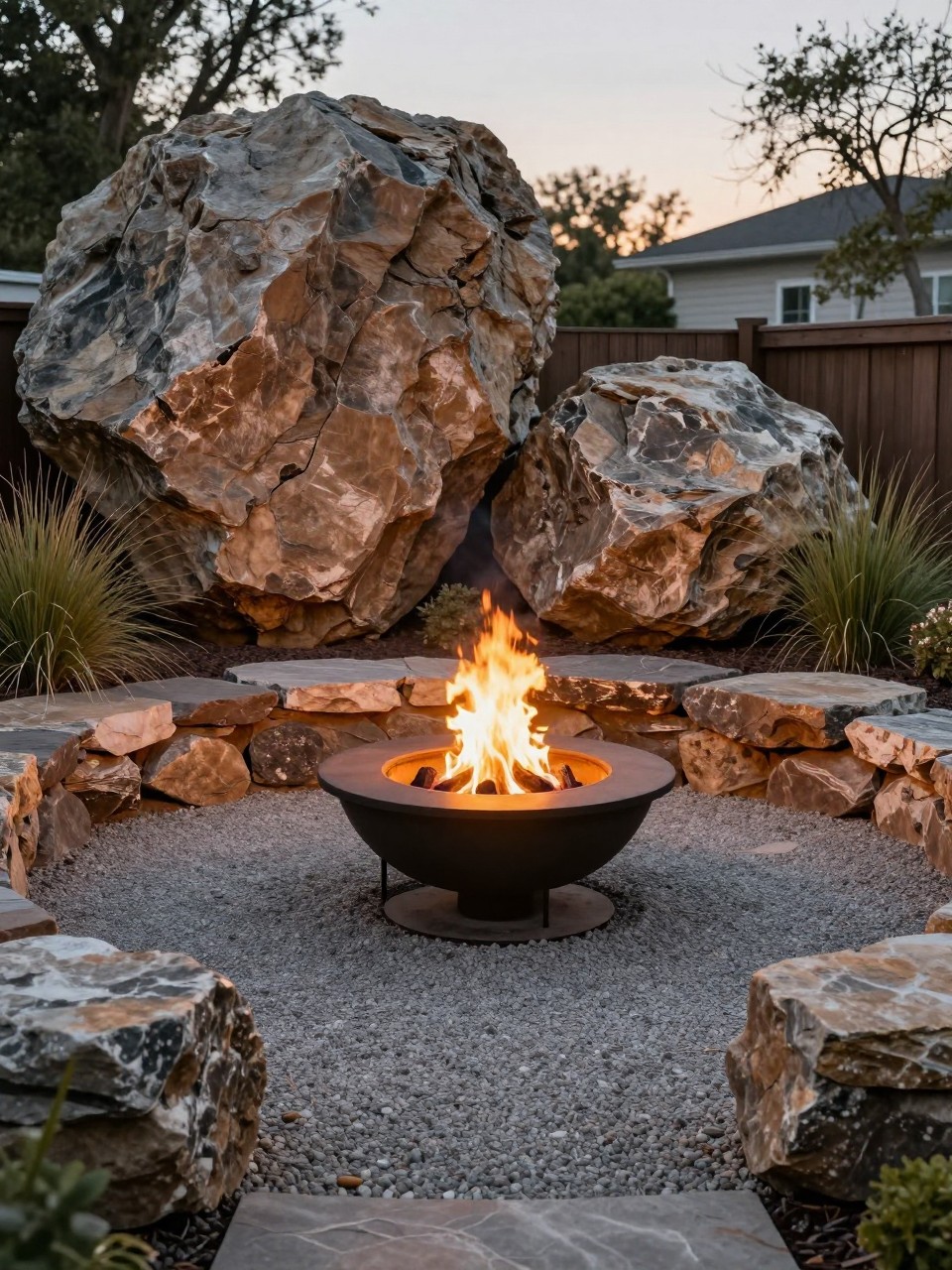 Image Prompt: A cozy backyard fire pit area with large boulders used as natural seating accents and landscape edging, circular gravel patio, central fire bowl, soft grasses, warm evening light, rustic luxury garden design, realistic DSLR photo quality, no people, no watermarks on images.