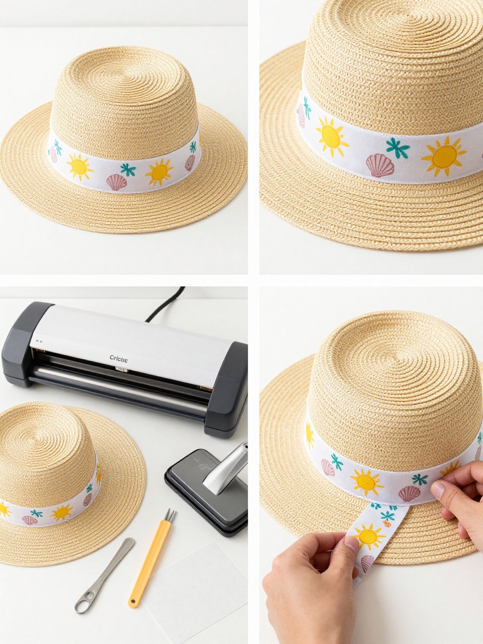 A realistic editorial 2x2 collage grid showing a Cricut custom summer straw hat, top-left finished straw hat with heat-transfer vinyl or iron-on ribbon band decorated with tiny suns, shells, and flowers, top-right close-up of the decorated hat band and clean vinyl edges, bottom-left flat lay of straw hat, ribbon, heat-transfer vinyl, Cricut machine, weeding tool, mini heat press, and Teflon sheet, bottom-right cropped hands pressing vinyl onto a ribbon band before wrapping it around the hat, bright summer accessory craft setting, no faces, no text, no watermark on images.