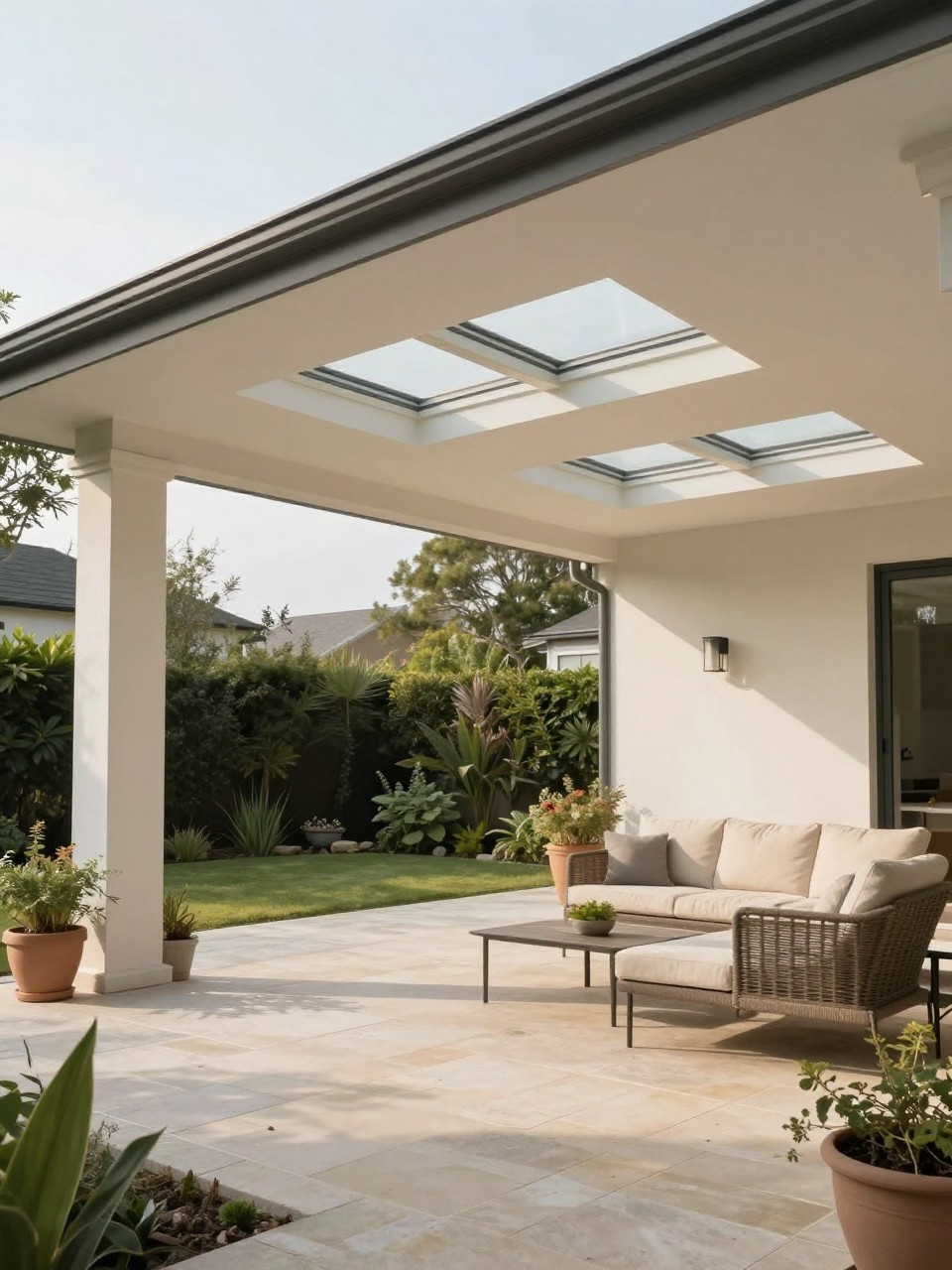 Image Prompt: A covered patio attached to the house with a solid roof and rectangular skylight panels, outdoor lounge seating underneath, white ceiling, light stone flooring, potted plants, soft natural light streaming through the skylights, calm backyard living space, no people, realistic DSLR photo, no text, no watermarks on images.