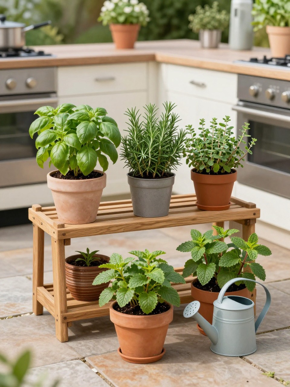 Image Prompt: A practical patio herb garden with small and medium pots of basil, rosemary, parsley, thyme, mint, and oregano arranged near an outdoor kitchen counter, stone patio floor, wooden shelves, small watering can, warm daylight, fresh cooking garden atmosphere, no people, realistic DSLR photo, no text, no watermarks on images.