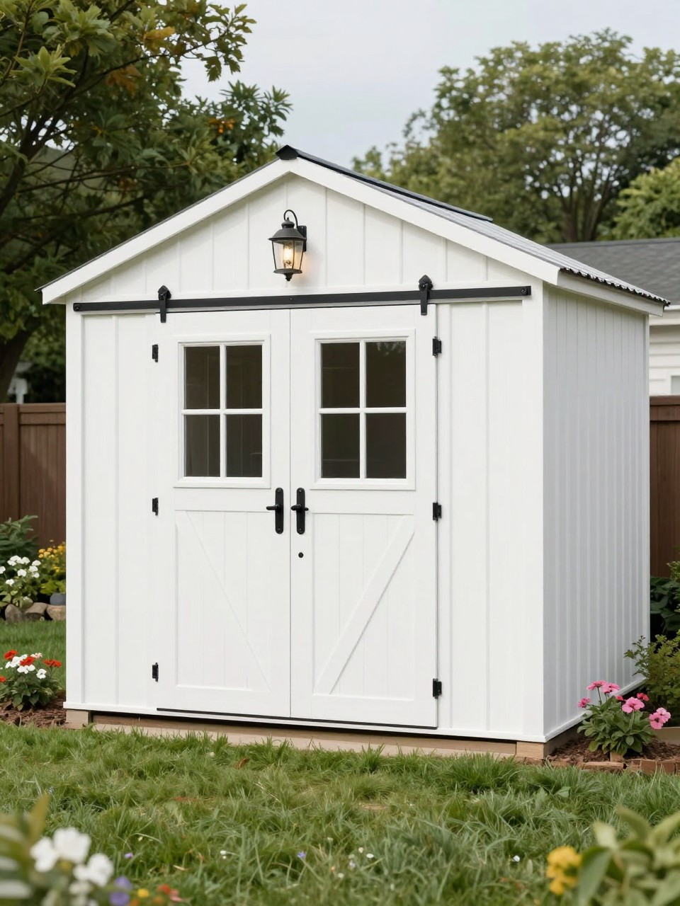 Image Prompt: A beautiful white farmhouse backyard storage shed with double barn-style doors, black hardware, small window, lantern light, flower bed around the base, green lawn, cozy family backyard setting, realistic DSLR photo quality, no people, no watermarks on images.