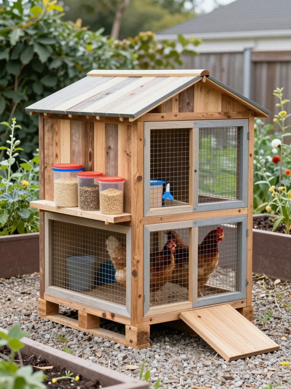 Image Prompt: A compact pallet chicken coop with a small built-in storage shelf, reclaimed wood siding, side shelf holding sealed feed containers and cleaning tools, secure wire run, sloped roof, small ramp, chickens inside, tidy backyard garden with gravel path and raised beds nearby, organized practical DIY setup, no people, no text, no watermark.