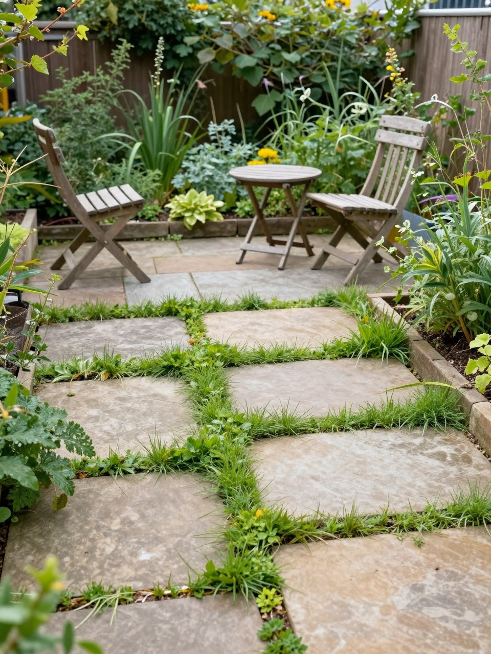 Image Prompt: A charming flagstone patio with low green ground cover growing between irregular stone slabs, simple wooden chairs, small outdoor table, cottage garden plants, soft natural sunlight, organic and slightly wild backyard design, no people, realistic DSLR garden photo, no text, no watermarks on images.