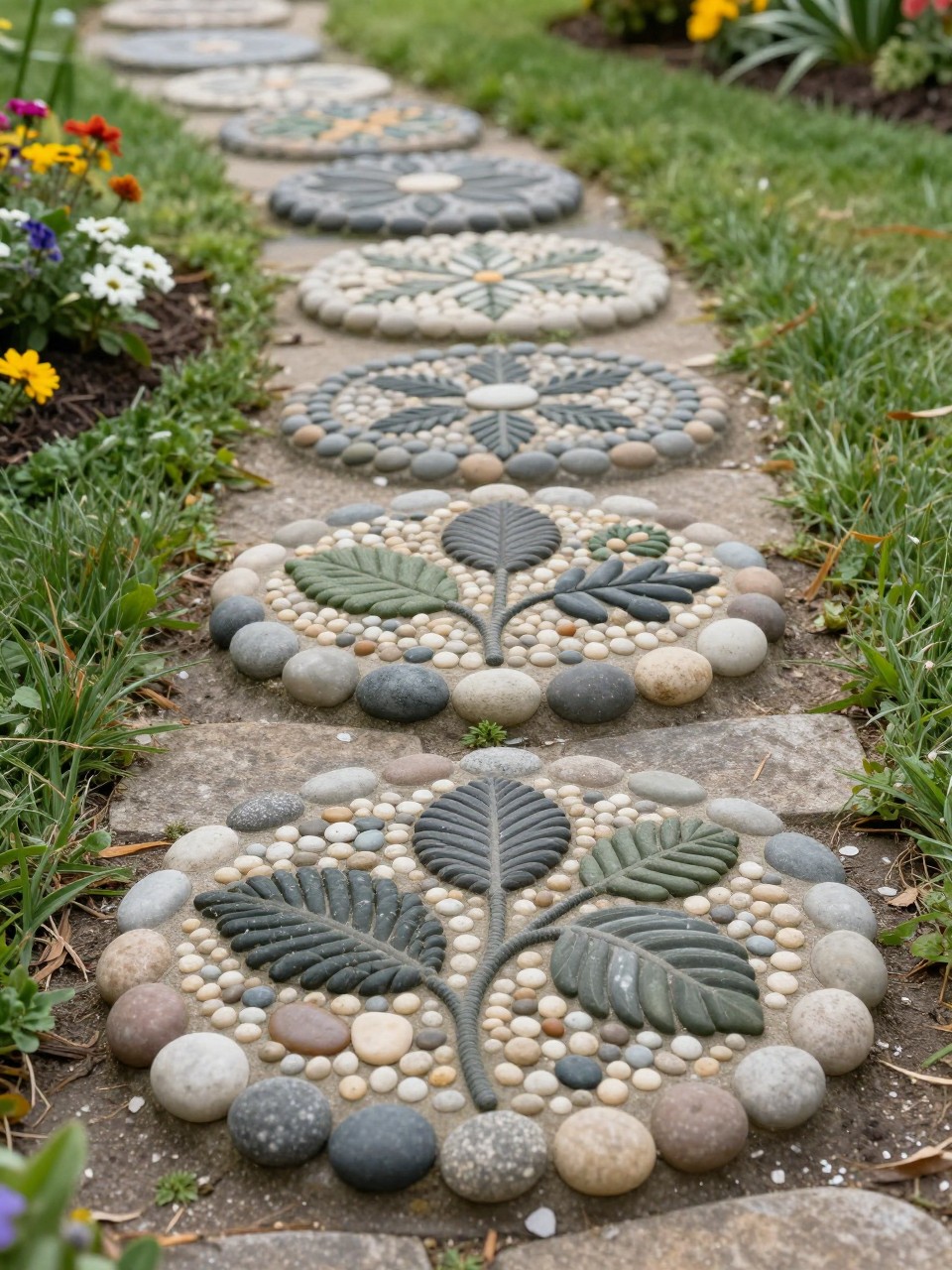 Image Prompt: Beautiful garden stepping stones decorated with pebble art patterns, smooth small stones arranged into leaves and floral designs, set into a garden path, soft grass, flower borders, elegant handmade landscaping detail, realistic DSLR photo quality, no people, no watermarks on images.