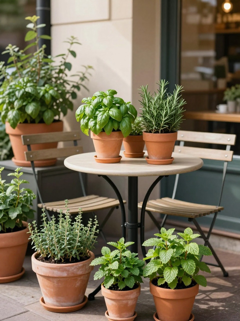 Image Prompt: A small patio bistro setup with a round table and two chairs surrounded by herb planters, basil and mint in terracotta pots, rosemary in a large clay pot, thyme and parsley in small planters, warm morning light, cozy garden cafe mood, realistic DSLR photo, no people, no text, no watermarks on images.