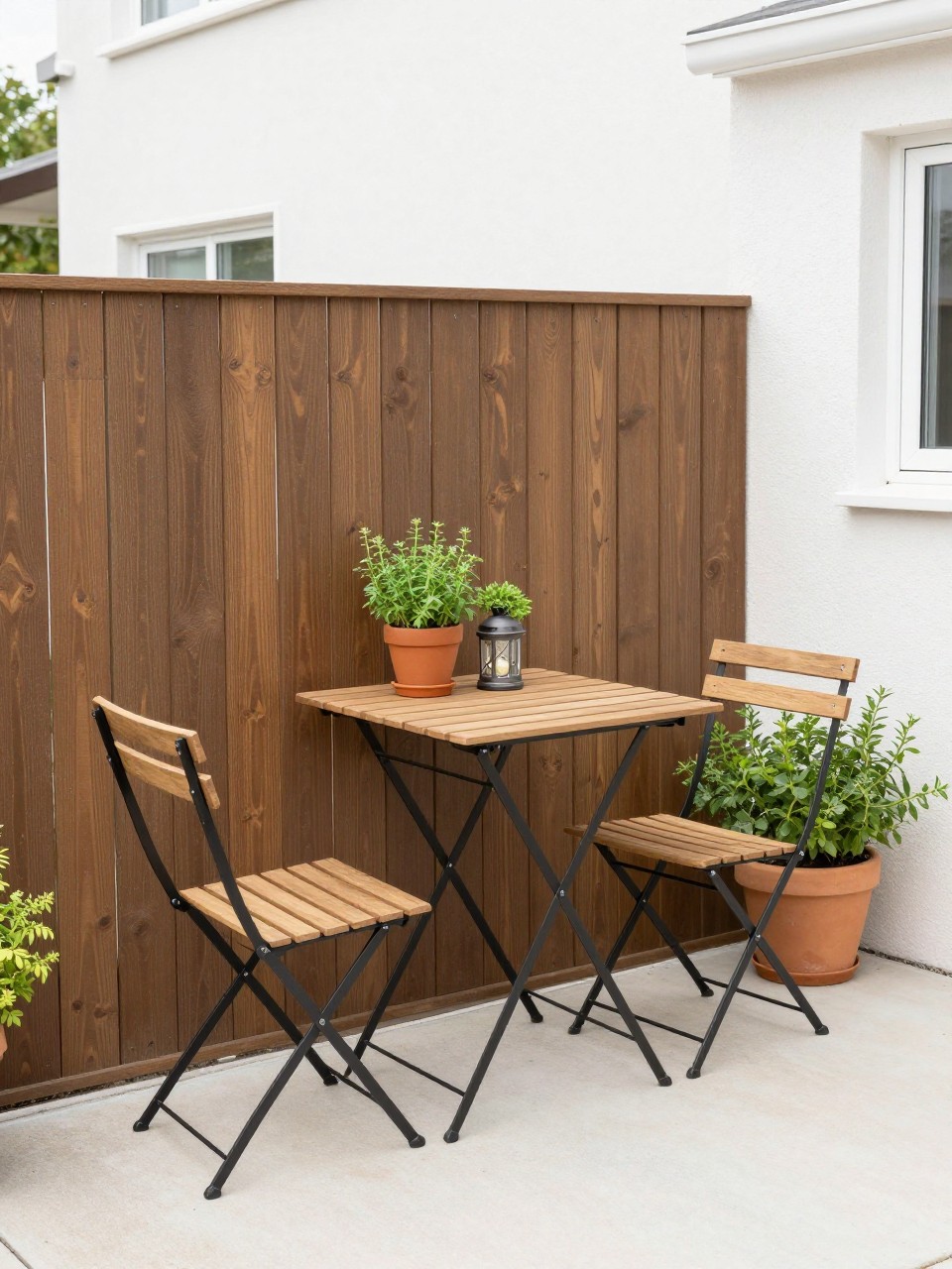 Image Prompt: A compact townhouse patio with a fold-down wooden wall table attached to a fence, two slim folding chairs, potted herbs, small outdoor lantern, light paver floor, clean and clever small-space patio setup, bright daylight, no people, realistic DSLR image, no text, no watermarks on images.