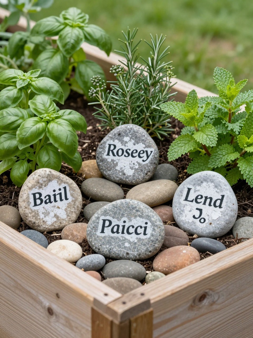 Image Prompt: A neat herb garden with painted rock plant markers labeled basil, rosemary, thyme, mint, and parsley, smooth stones, raised wooden garden bed, fresh green herbs, practical and charming outdoor styling, realistic DSLR photo quality, no people, no watermarks on images.