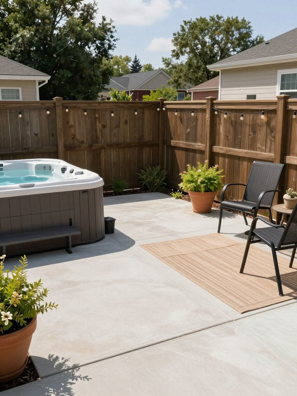 Image Prompt: A refreshed backyard concrete slab patio with a hot tub, outdoor rug, black metal chairs, potted plants, string lights on the fence, simple but stylish budget makeover, sunny day, no people, realistic DSLR photo, no text, no watermarks on images.