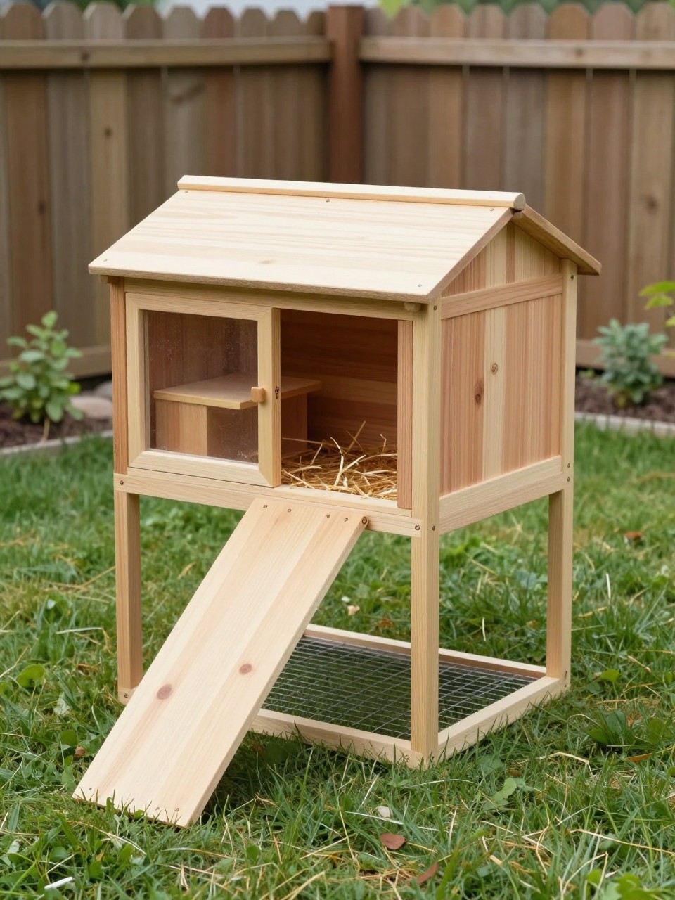 A realistic raised mini chicken coop on short wooden legs, built with affordable simple lumber, small ramp leading down to a low-cost wire run underneath, basic sloped roof, one small nesting box, straw bedding, backyard lawn with a wood fence and a few garden plants nearby, compact and budget-friendly DIY design, bright natural light, no people, no text, (no watermarks on images).