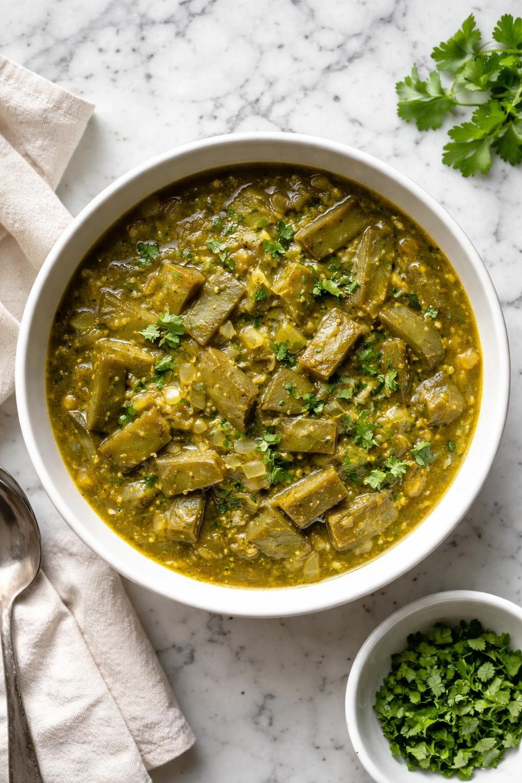 Image Prompt: Realistic top-down editorial food photography of nopales salsa verde stew in a white bowl on a clean white and gray marble countertop, tender nopales simmered in green salsa with onions and herbs, cozy homemade Mexican stew styling, bright natural daylight, no people, no hands, no text, no watermarks, no props with writing.