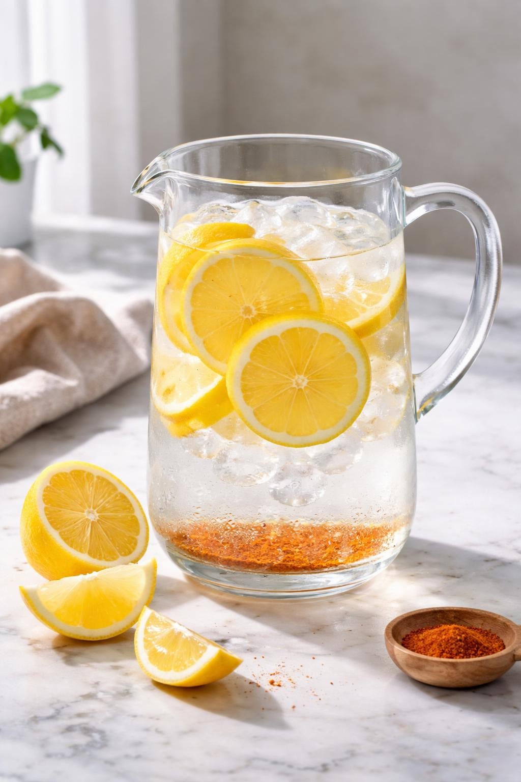 Realistic editorial food photography of lemon cayenne detox water in a clear glass jug on a clean marble countertop, thin lemon slices floating in clear cold water with ice cubes and a tiny pinch of cayenne pepper visible near the bottom, lemon halves placed nearby, clean simple homemade drink styling, bright natural light, soft shadows, high detail, no people, no hands, no text, no watermarks, no props with writing.